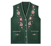 LCDIUDIU Cardigan Senza Maniche in Maglia per Donne di Mezza età E Anziane, Maglione Nero con Scollo A V E Bottoni, Vest Vintage Ricamo Floreale E Tasca, Vest Calda Invernale Verde Scuro L