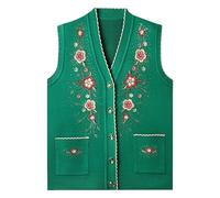 LCDIUDIU Cardigan Senza Maniche in Maglia per Donne di Mezza età E Anziane, Maglione Nero con Scollo A V E Bottoni, Vest Vintage Ricamo Floreale E Tasca, Vest Calda Invernale Verde L
