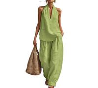 LCDIUDIU Completi Da Due Pezzi per Donna, Casual Da Viaggio, Pullover Senza Maniche con Scollo A V, Gilet Senza Schienale, Pantaloni Vita Alta A Gamba Larga, Set Coordinati Estivi Leggeri per Tutti