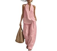 LCDIUDIU Completi Due Pezzi per Donna per Viaggi Casual, Pullover Senza Maniche con Scollo A V, Gilet Senza Schienale, Pantaloni Vita Alta A Gamba Larga, Completi Coordinati Estivi Leggeri per Tutt