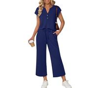 LCDIUDIU Completi Estivi Coordinati per Donna, Top con Scollo A V, Bottoni, Colletto Henry, Maniche Corte E Pantaloni A Gamba Larga con Coulisse In Vita, Lunghezza 7/8, Completo Di 2 Pezzi per Tutti