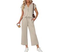 LCDIUDIU Completi Estivi Coordinati per Donna, Top con Scollo A V, Bottoni, Colletto Henry, Maniche Corte E Pantaloni A Gamba Larga con Coulisse In Vita, Lunghezza 7/8, Completo Di 2 Pezzi per Tutti