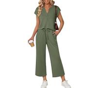 LCDIUDIU Completi Estivi Coordinati per Donna, Top con Scollo A V, Bottoni, Colletto Henry, Maniche Corte E Pantaloni A Gamba Larga con Coulisse In Vita, Lunghezza 7/8, Completo Di 2 Pezzi per Tutti