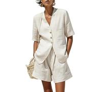 LCDIUDIU Completo Coordinato da Donna Estivo con Top A Maniche Corte con Scollo A V E Bottoni E Pantaloncini Vita Alta In Lino, Completo A 2 Pezzi Casual E Ampio per Il Lavoro, La Spiaggia E Le Vaca