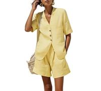 LCDIUDIU Completo Coordinato da Donna Estivo con Top A Maniche Corte con Scollo A V E Bottoni E Pantaloncini Vita Alta In Lino, Completo A 2 Pezzi Casual E Ampio per Il Lavoro, La Spiaggia E Le Vaca