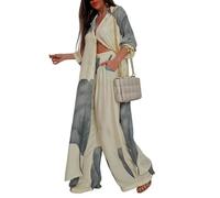 LCDIUDIU Completo Coordinato da Donna In 2 Pezzi: Camicia Lunga A Maniche Lunghe con Stampa Color Block E Pantaloni Gamba Larga con Elastico In Vita, Vestibilità Ampia E Comoda, Tasche, Beige, Tagl