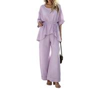 LCDIUDIU Completo Coordinato da Donna In 2 Pezzi: Top A Tunica con Scollo Rotondo, Polsini Arrotolati, Maniche Corte, Coulisse In Vita E Pantaloni Gamba Larga, Set Casual da Vacanza, Viola, Taglia S