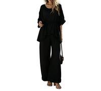 LCDIUDIU Completo Coordinato da Donna In 2 Pezzi: Top A Tunica con Scollo Rotondo, Polsini Arrotolati, Maniche Corte, Coulisse In Vita E Pantaloni Gamba Larga, Set Casual da Vacanza, Nero, Taglia S.