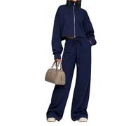 LCDIUDIU Completo da Casa da Donna Composto da 2 Pezzi Felpa Corta con Collo Alto E Zip, Vita Alta con Coulisse E Pantaloni Della Tuta Gamba Larga, Ideale Per Il Tempo Libero E Lo Streetwear Quotidi