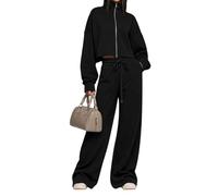 LCDIUDIU Completo da Casa da Donna Composto da 2 Pezzi Felpa Corta con Collo Alto E Zip, Vita Alta con Coulisse E Pantaloni Della Tuta Gamba Larga, Ideale Per Il Tempo Libero E Lo Streetwear Quotidi