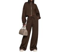 LCDIUDIU Completo da Casa da Donna Composto da 2 Pezzi Felpa Corta con Collo Alto E Zip, Vita Alta con Coulisse E Pantaloni Della Tuta Gamba Larga, Ideale Per Il Tempo Libero E Lo Streetwear Quotidi