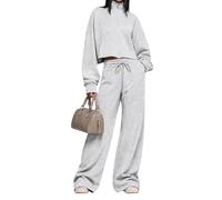LCDIUDIU Completo da Casa da Donna Composto da 2 Pezzi Felpa Corta con Collo Alto E Zip, Vita Alta con Coulisse E Pantaloni Della Tuta Gamba Larga, Ideale Per Il Tempo Libero E Lo Streetwear Quotidi