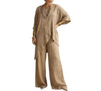 LCDIUDIU Completo Da Casa Da Donna In Lino, 2 Pezzi, Maniche A 3/4, Girocollo, Orlo Irregolare, Tunica, Vita Alta, Pantaloni Gamba Larga, Set Coordinati per L'Estate, Tutti I Giorni, Invitati A Mat