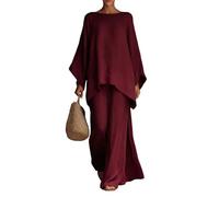 LCDIUDIU Completo Da Casa Da Donna In Lino, 2 Pezzi, Top A Maniche A Pipistrello, Colletto A Barca, Orlo Irregolare, Vita Alta, Pantaloni Gamba Larga, Set Coordinato per L'Estate, Tutti I Giorni, I