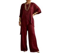 LCDIUDIU Completo Da Casa Da Donna In Lino A 2 Pezzi, Top A Tunica A Maniche A 3/4, Girocollo, Orlo Irregolare, Vita Alta, Pantaloni Gamba Larga, Set Coordinati per L'Estate, Tutti I Giorni, Invita