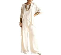 LCDIUDIU Completo Da Casa Da Donna In Lino, Composto 2 Pezzi: Top A Tunica A Maniche A 3/4, Girocollo, Orlo Irregolare, Vita Alta, Pantaloni Gamba Larga, Set Coordinati per L'Estate, per Tutti I Gi