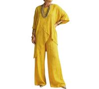 LCDIUDIU Completo Da Casa Da Donna In Lino, Composto 2 Pezzi: Top A Tunica A Maniche A 3/4, Girocollo, Orlo Irregolare, Vita Alta E Pantaloni Gamba Larga, Ideale per L'Estate, per Tutti I Giorni, p