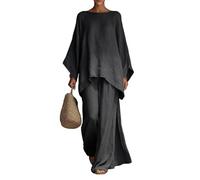 LCDIUDIU Completo Da Casa Da Donna In Lino, Composto Da Due Pezzi: Top A Maniche A Pipistrello, Colletto A Barca, Orlo Irregolare, Vita Alta E Pantaloni Gamba Larga. perfetto per L'Estate, per Tutt