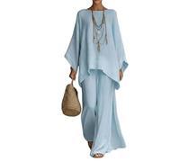 LCDIUDIU Completo Da Casa Da Donna In Lino, Composto Da Due Pezzi: Top A Maniche A Pipistrello, Colletto A Barca, Orlo Irregolare, Vita Alta E Pantaloni Gamba Larga. Ideale per L'Estate, per Tutti