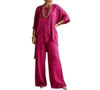 LCDIUDIU Completo Da Casa Da Donna In Lino, Composto Da Due Pezzi: Top A Tunica A Maniche A 3/4, Girocollo, Orlo Irregolare, Vita Alta E Pantaloni Gamba Larga, Ideale per L'Estate, per Tutti I Gior