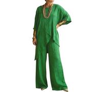 LCDIUDIU Completo Da Casa Da Donna In Lino, Composto Da Due Pezzi: Top A Tunica A Maniche A 3/4, Girocollo, Orlo Irregolare, Vita Alta E Pantaloni Gamba Larga, Ideale per L'Estate, per Tutti I Gior