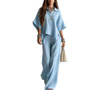 LCDIUDIU Completo da Donna A Due Pezzi Oversize con Colletto A Revers, Mezzo Bottone, Orlo Asimmetrico, Maglietta A Maniche Corte E Pantaloni A Gamba Larga. Set Casual Estivo, Ampio, Ideale per Spia