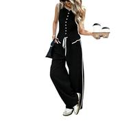 LCDIUDIU Completo da Donna Composto da Due Pezzi: Top Senza Maniche con Bottoni E Finiture A Contrasto, Pantaloni Gamba Larga Vita Alta con Coulisse, Ideale per L'Estate, Il Tempo Libero, L'Uff