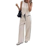 LCDIUDIU Completo da Donna Composto da Due Pezzi: Top Senza Maniche con Bottoni E Profili A Contrasto E Pantaloni Gamba Larga Vita Alta con Coulisse, Ideale per L'Estate, Il Tempo Libero, L'Uff