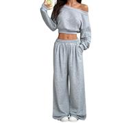 LCDIUDIU Completo da Donna In 2 Pezzi: Felpa Corta A Maniche Lunghe con Spalle Scoperte E Pantaloni Jogger A Gamba Larga con Coulisse, Abbigliamento da Casa Coordinato In Pile Invernale, Grigio Chia