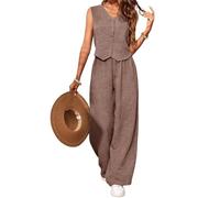 LCDIUDIU Completo da Donna In Due Pezzi, Casual per Il Lavoro, Composto da Camicia Senza Maniche con Bottoni E Scollo A V, Gilet E Pantaloni A Gamba Larga, Set Estivo Coordinato per Ufficio, Vacanze
