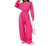 LCDIUDIU Completo da Donna In Due Pezzi: Felpa Corta A Maniche Lunghe con Spalle Scoperte E Pantaloni Jogger A Gamba Larga con Coulisse, Abbigliamento da Casa Coordinato Invernale In Pile, Rosa L