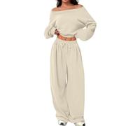 LCDIUDIU Completo da Donna In Due Pezzi: Felpa Corta A Maniche Lunghe con Spalle Scoperte E Pantaloni Jogger A Gamba Larga con Coulisse, Abbigliamento da Casa Coordinato Invernale In Pile, Beige L