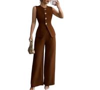 LCDIUDIU Completo da Donna In Due Pezzi: Top Senza Maniche con Scollo Rotondo E Bottoni, Top con Spacco E Pantaloni A Gamba Larga, Elegante Completo Estivo Coordinato, Vita Alta, Casual, da Ufficio,