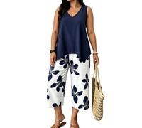 LCDIUDIU Completo da Donna Taglie Forti Composto da Due Pezzi: Canotta Senza Maniche con Scollo A V E Pantaloni Capri A Gamba Larga con Stampa Floreale, Set Estivo Casual per Vacanze Al Mare E Viagg