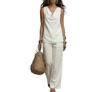 LCDIUDIU Completo Due Pezzi da Donna: Tunica Senza Maniche con Collo A Scialle E Pantaloni Gamba Larga Vita Alta, Set Coordinato Casual Estivo per Spiaggia, Vacanze E Lavoro, Bianco, Taglia 3Xl
