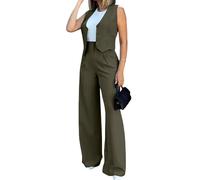 LCDIUDIU Completo Elegante da Donna A Due Pezzi: Top Corto Senza Maniche E Pantaloni A Gamba Larga, Pantaloni Palazzo Vita Alta con Pieghe, Ideale per Ufficio, Lavoro E Tempo Libero, Verde Militare,