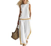 LCDIUDIU Completo Estivo Da Donna In Due Pezzi In Misto Lino, Composto Da Canotta Girocollo Senza Maniche con Blocchi Di Colore, Pantaloni Gamba Larga Vita Alta E Set Casual Ampio per Il Relax, Id
