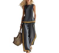 LCDIUDIU Completo Estivo Da Donna In Due Pezzi In Misto Lino, Composto Da Canotta Girocollo Senza Maniche con Blocchi Di Colore, Pantaloni Gamba Larga Vita Alta E Set Casual Ampio per Il Relax, Id