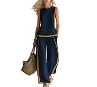 LCDIUDIU Completo Estivo Da Donna In Due Pezzi In Misto Lino, Composto Da Canotta Girocollo Senza Maniche con Blocchi Di Colore E Pantaloni Gamba Larga Vita Alta, Set Casual E Comodo per Il Relax,