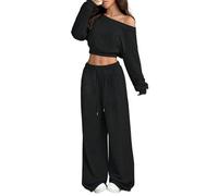 LCDIUDIU Completo Sportivo da Donna A 2 Pezzi: Felpa Corta A Maniche Lunghe con Spalle Scoperte E Pantaloni Jogger A Gamba Larga con Coulisse, Abbigliamento da Casa Coordinato In Pile Invernale, Ner