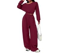 LCDIUDIU Completo Sportivo da Donna A 2 Pezzi: Felpa Corta A Maniche Lunghe con Spalle Scoperte E Pantaloni Jogger A Gamba Larga con Coulisse, Abbigliamento da Casa Coordinato In Pile Invernale, Ros