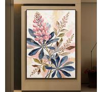 LCDIUDIU Dipinto Ad Olio Floreale con Texture, Dipinto A Mano, Senza Cornice, Raffigurante un Fiore Di Lupino Rosa E Una Foglia Blu Navy. Opera D'Arte Botanica per La Decorazione Di Pareti Di Casa,
