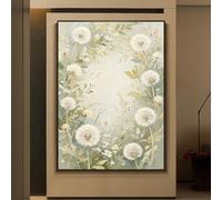 LCDIUDIU Dipinto Ad Olio Floreale con Texture, Dipinto A Mano, Senza Cornice, Raffigurante un Prato Di Fiori Selvatici Di Tarassaco. Opera D'Arte Su Tela, Verde Salvia, Stile Vintage, per Decorare L