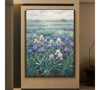 LCDIUDIU Dipinto Ad Olio Su Tela, Paesaggio Materico Dipinto A Mano, Senza Cornice, con Iris Viola E Bianchi, Prato Fiorito, Opera D'Arte Vintage Floreale Di Campagna, Decorazione Murale per Soggior
