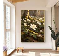 LCDIUDIU Dipinto Ad Olio Su Tela Raffigurante Un Anemone Bianco Dipinto A Mano, con Texture Verde E Motivi Botanici, Ideale per Decorare Le Pareti Di Soggiorno, Camera da Letto E Ingresso. Dimension