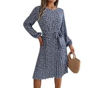 LCDIUDIU Gonna Plissettata con Stampa Floreale al Ginocchio per Donna, Manica Lunga Girocollo con Cintura, Linea Ad A, Tunica in Vita, Abiti Midi Casual, Eleganti, da Lavoro, Quotidiano, Festa, Spia