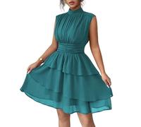 LCDIUDIU Mini Abito A Balze in Chiffon da Donna Senza Maniche con Collo Alto, Vita Arricciata, Orlo A Volant, Linea Fluida, Abito Estivo Aderente per Cocktail Party, Matrimonio, Invitato, Verde XS