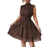LCDIUDIU Mini Abito A Balze in Chiffon da Donna Senza Maniche con Collo Alto, Vita Arricciata, Orlo A Volant, Abito A Trapezio Fluido, Abito Corto Aderente Marrone per Cocktail Party Estivi, Matrimo