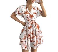 LCDIUDIU Mini Abito in Chiffon Floreale da Donna, Modello A Portafoglio con Scollo A V, Maniche Corte A Volant, Cintura, Gonna A Balze, Linea Ad A, Elegante Abito Estivo Svolazzante per Invitata A U