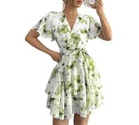 LCDIUDIU Mini Abito in Chiffon Floreale da Donna, Modello A Portafoglio con Scollo A V, Maniche Corte A Volant, Cintura E Balze A Strati, Linea Ad A, Elegante Abito Estivo Svolazzante per Invitata A